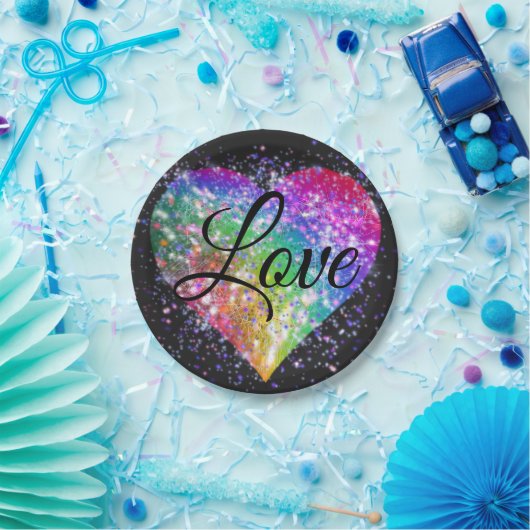 Regenbogenfarben funkelnd Glitzer Herzklopfen Lieb Pappteller (Party)