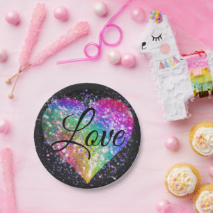 Regenbogenfarben funkelnd Glitzer Herzklopfen Lieb Pappteller