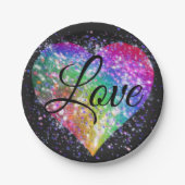 Regenbogenfarben funkelnd Glitzer Herzklopfen Lieb Pappteller (Vorderseite)