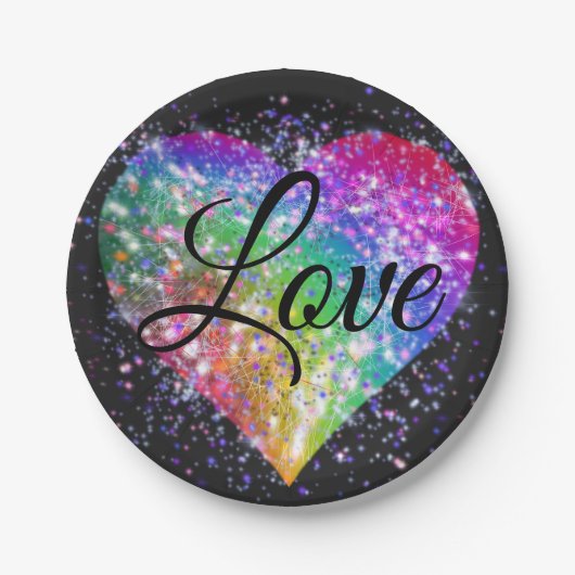 Regenbogenfarben funkelnd Glitzer Herzklopfen Lieb Pappteller (Vorderseite)
