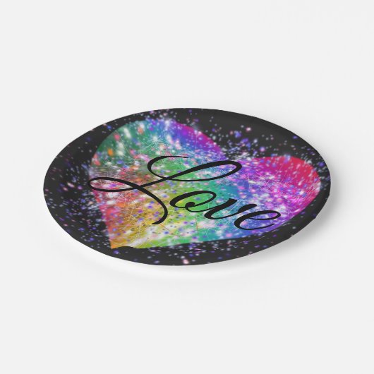 Regenbogenfarben funkelnd Glitzer Herzklopfen Lieb Pappteller (Schrägansicht)