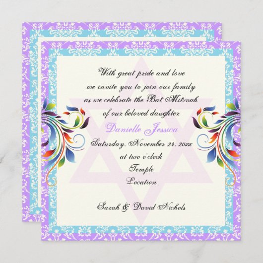 Regenbogenfarben geblüht & Stern von David Damask Einladung (Vorne/Hinten)