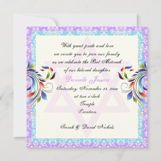 Regenbogenfarben geblüht & Stern von David Damask Einladung (Vorderseite)