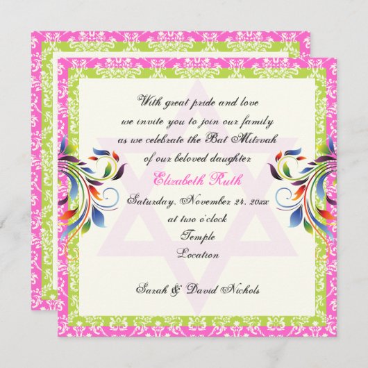 Regenbogenfarben geblüht & Stern von David Damask Einladung (Vorne/Hinten)