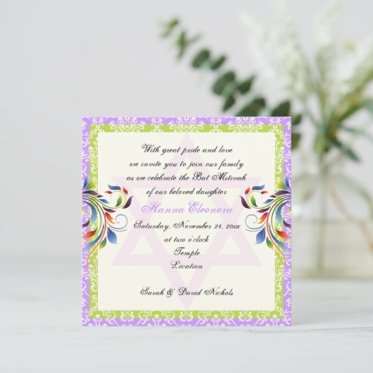 Regenbogenfarben geblüht & Stern von David Damask Einladung (Stehend Vorderseite)