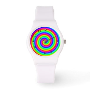 Regenbogenfarben. Helle und farbenfrohe Spirale. Armbanduhr