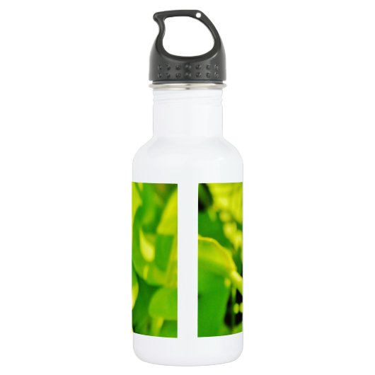 Regenbogenfarbene Libelle auf einer lila rosa Blum Edelstahlflasche (Rückseite)