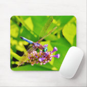 Regenbogenfarbene Libelle auf einer lila rosa Blum Mousepad (Mit Mouse)