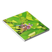 Regenbogenfarbene Libelle auf einer lila rosa Blum Notizblock (angewinkelt)