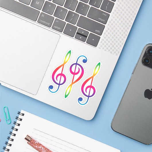 Regenbogenfarbener Treble G clef Aufkleber (Laptop mit iPhone)