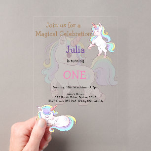 Regenbogenfarbenes Einhorn-Mädchen 1. Geburtstag Acryleinladungen
