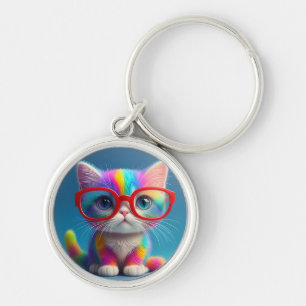 Regenbogenfarbenes Kätzchen mit Brille-46568 Schlüsselanhänger
