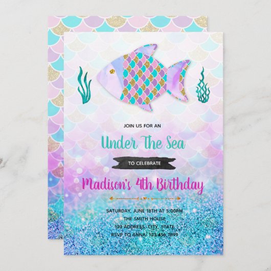 Regenbogenfisch Party Einladung (Vorne/Hinten)