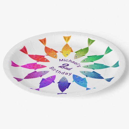 Regenbogenfische im Ozean niedliche bunte Muster Pappteller (Schrägansicht)