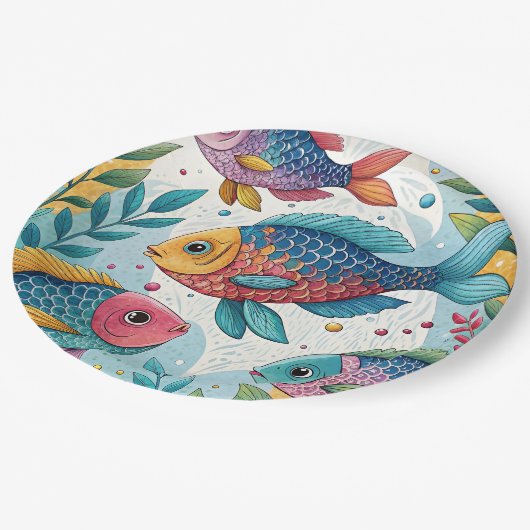 Regenbogenfische unter Wasser Pappteller (Schrägansicht)