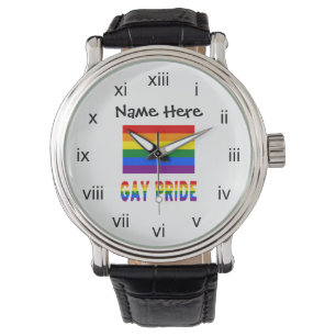Regenbogenflagge der Gay Pride mit schwarzer Perso Armbanduhr
