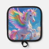 Regenbogenflügeliges tänzelndes Einhorn Topflappen (Vorderseite)