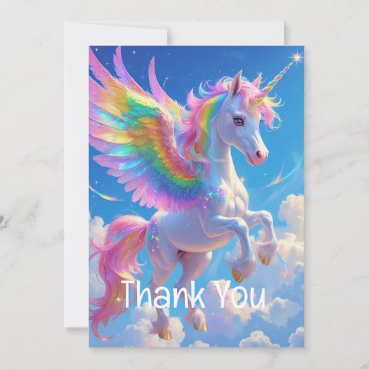 Regenbogenflügelndes tänzelndes Einhorn Dankeskarte (Vorderseite)
