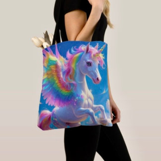 Regenbogenflügelndes tänzelndes Einhorn Tasche