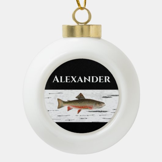 Regenbogenforelle Rustikaler Aspen Rinde Hintergru Keramik Kugel-Ornament (Vorderseite)