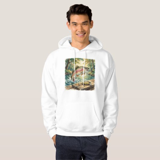 Regenbogenforelle springt in Waldstrom Aquarell Hoodie (Vorne ganz)