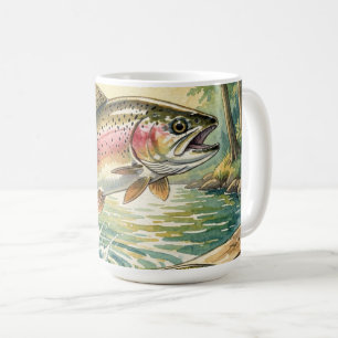 Regenbogenforelle springt in Waldstrom Aquarell Kaffeetasse