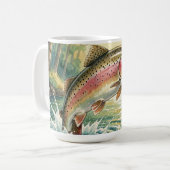 Regenbogenforelle springt in Waldstrom Aquarell Kaffeetasse (Vorderseite Links)