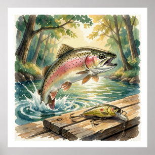 Regenbogenforelle springt in Waldstrom Aquarell Poster