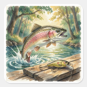 Regenbogenforelle springt in Waldstrom Aquarell Quadratischer Aufkleber