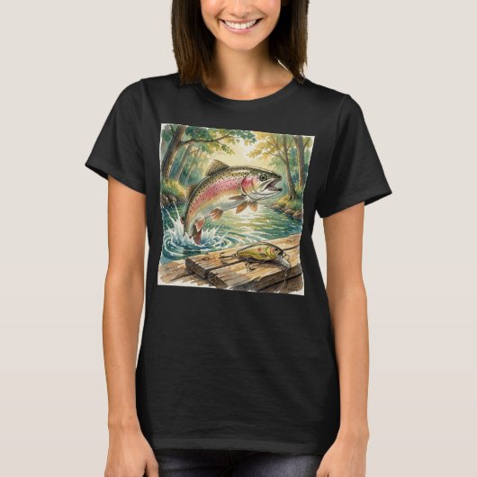Regenbogenforelle springt in Waldstrom Aquarell T-Shirt (Vorderseite)