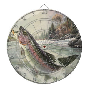 Regenbogenforelle, Vintage-Angler fischt nach Fisc Dartscheibe