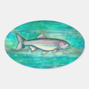 Regenbogenforellen-Wasserfarben-Kunstaufkleber Ovaler Aufkleber