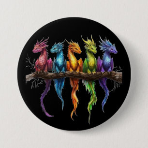 Regenbogengruppe von Baby-Drachen auf Schwarz Button