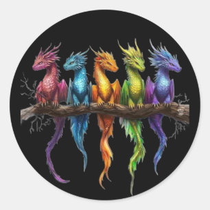 Regenbogengruppe von Baby-Drachen auf Schwarz Runder Aufkleber