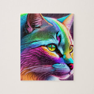 Regenbogenhaube mit Neonlicht, farbenfrohe Katze Puzzle