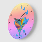 Regenbogenherz und Schmetterling Große Wanduhr (Winkel)