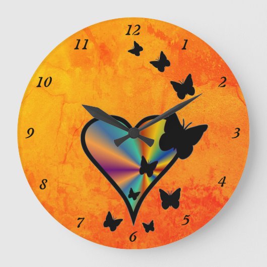 Regenbogenherz und Schmetterling Große Wanduhr (Vorderseite)