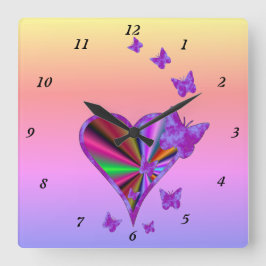 Regenbogenherz und Schmetterling Quadratische Wanduhr