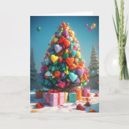 Regenbogenherzen auf der Weihnachtsbaumkarte Feiertagskarte