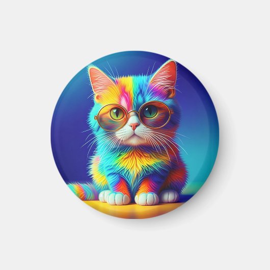 Regenbogenkatze mit Brille Magnet (Vorne)