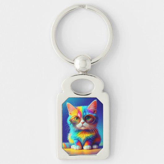 Regenbogenkatze mit Brille Schlüsselanhänger (Vorderseite)