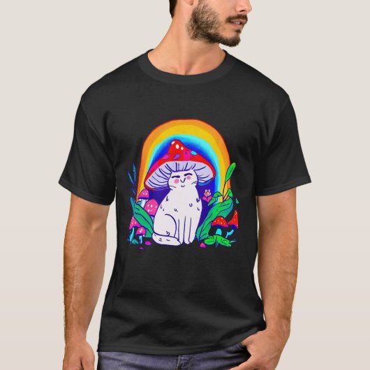 Regenbogenkatze mit Pilzhut T-Shirt (Vorderseite)