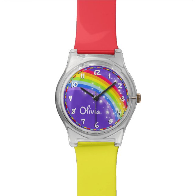 Regenbogenkinder nannten lila mehrfarbige Uhr (Nahaufnahme)