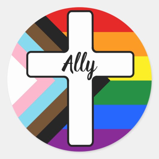 Regenbogenkreuz Progress Pride-Flagge Verbündeter Runder Aufkleber (Vorderseite)