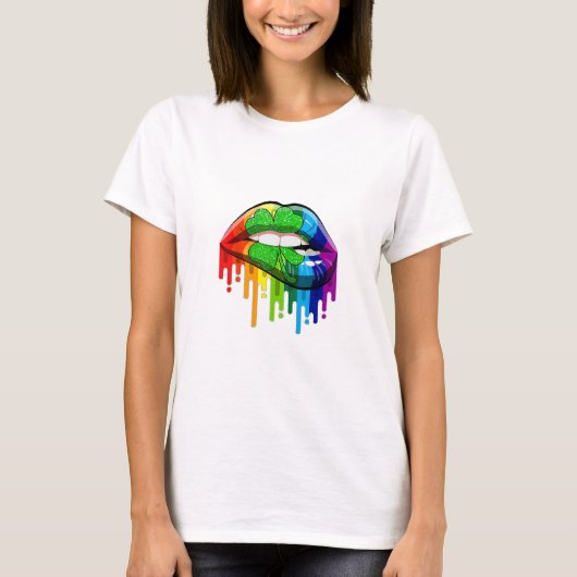 Regenbogenlippen mit 4 Blatt Klee T-Shirt (Vorderseite)