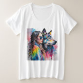 Regenbogenmädchen mit Wolf Große Größe T-Shirt (Design vorne)