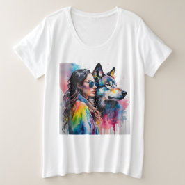 Regenbogenmädchen mit Wolf Große Größe T-Shirt