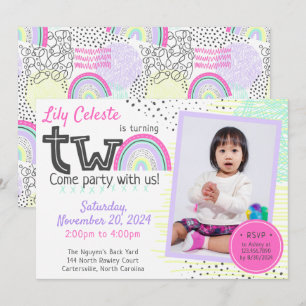 Regenbogenmädchens 2. Geburtstag Kawaii Kritzeleie Einladung