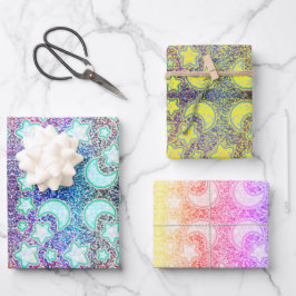 Regenbogenmond mit Galaxy-Glühstern Geschenkpapier Set