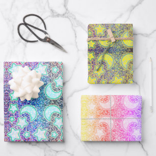Regenbogenmond mit Galaxy-Glühstern Geschenkpapier Set